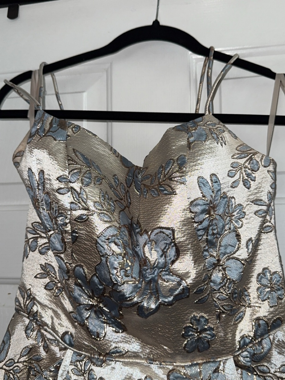 Blondie Nites Metallic Champagne & Light Blue Floral Prom Dress